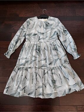 Penelope Green Abstract Print  Tiered Long-Sleeve Dress; Size Large